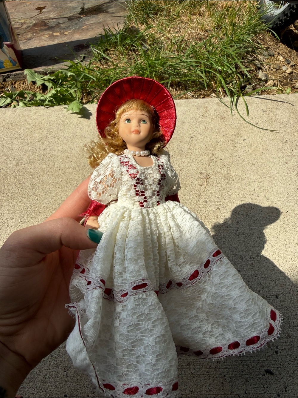 White & Red Lace Porcelain Doll in Vintage-Style Dress